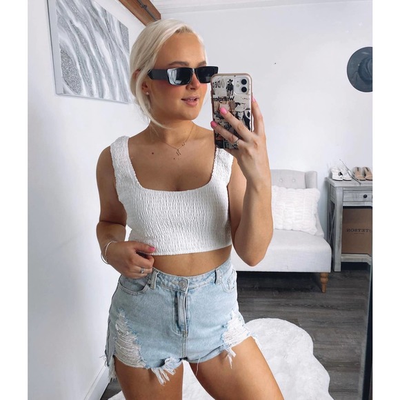 Rylee Anns White Wide strap Square neck Ruched Crop top - Picture 1 of 8